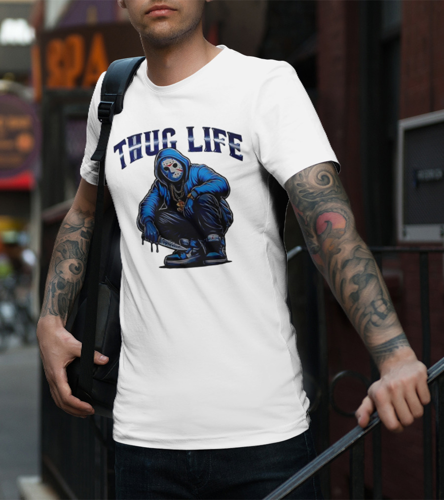 Thug Life Masked Man Sitting With Knife In Blue Hoodie And Sneakers T-Shirt