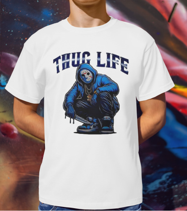 Thug Life Masked Man Sitting With Knife In Blue Hoodie And Sneakers T-Shirt