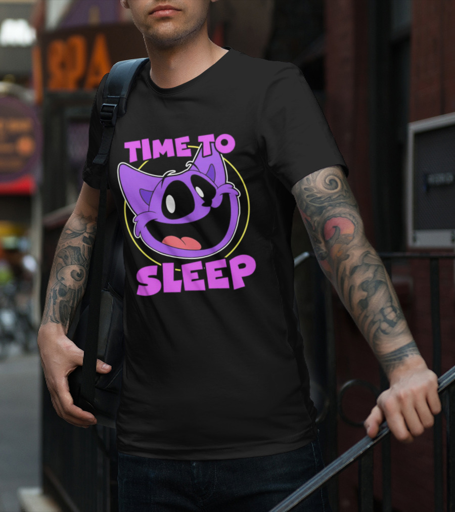 Time To Sleep Purple Cat Cartoon Face T-Shirt
