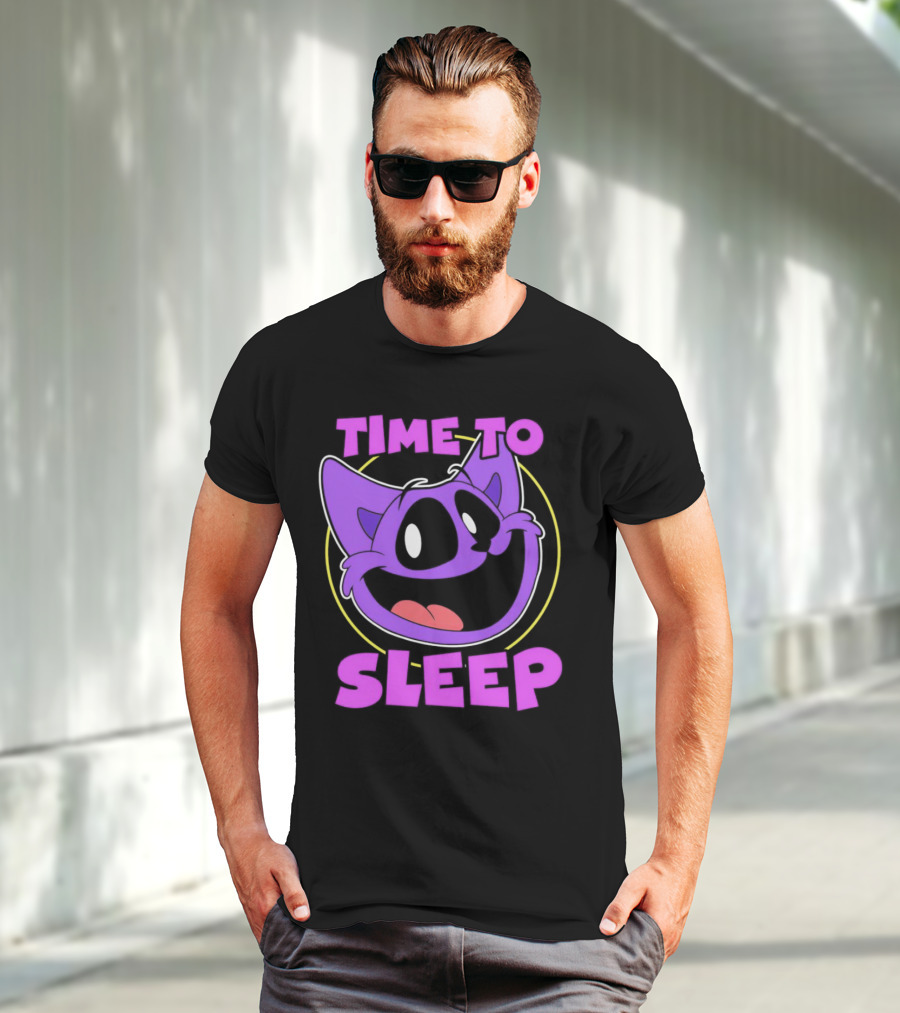 Time To Sleep Purple Cat Cartoon Face T-Shirt