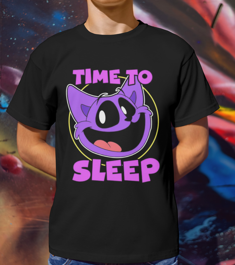 Time To Sleep Purple Cat Cartoon Face T-Shirt
