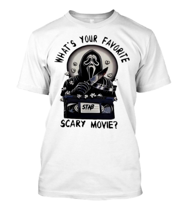 What's Your Favorite Scary Movie Ghostface Stab VHS Popcorn T-Shirt