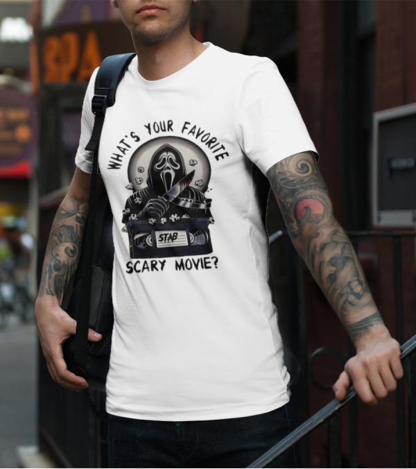 What's Your Favorite Scary Movie Ghostface Stab VHS Popcorn T-Shirt