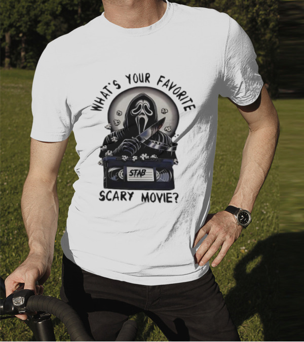What's Your Favorite Scary Movie Ghostface Stab VHS Popcorn T-Shirt