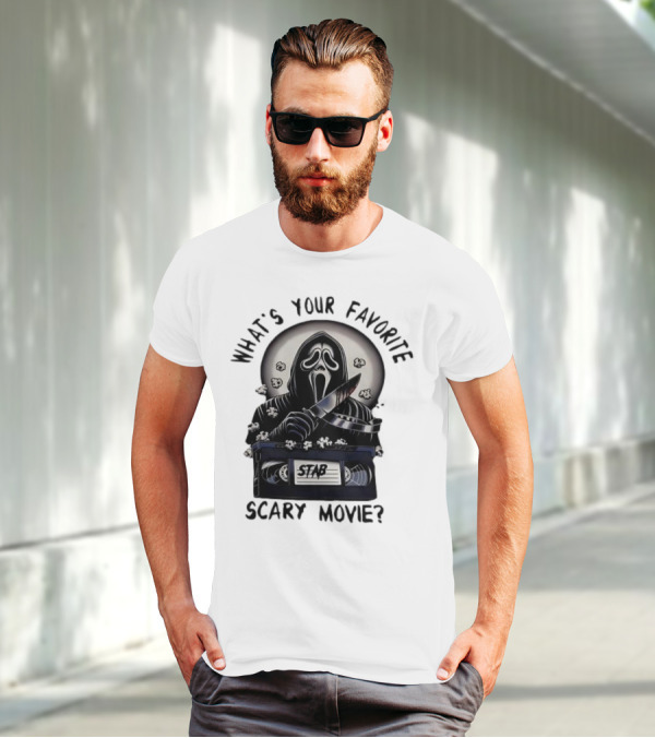 What's Your Favorite Scary Movie Ghostface Stab VHS Popcorn T-Shirt