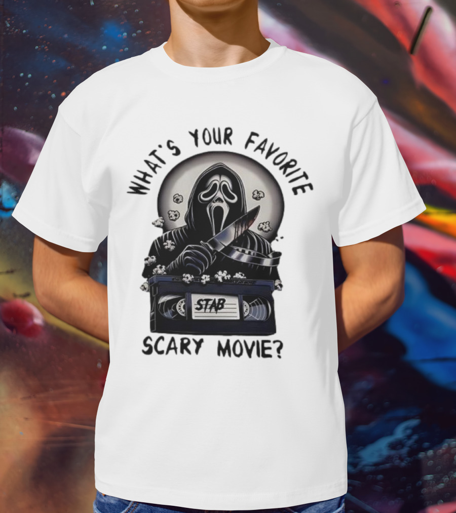 What's Your Favorite Scary Movie Ghostface Stab VHS Popcorn T-Shirt