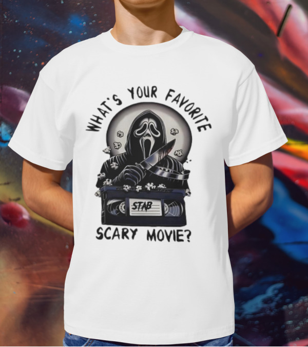 What's Your Favorite Scary Movie Ghostface Stab VHS Popcorn T-Shirt