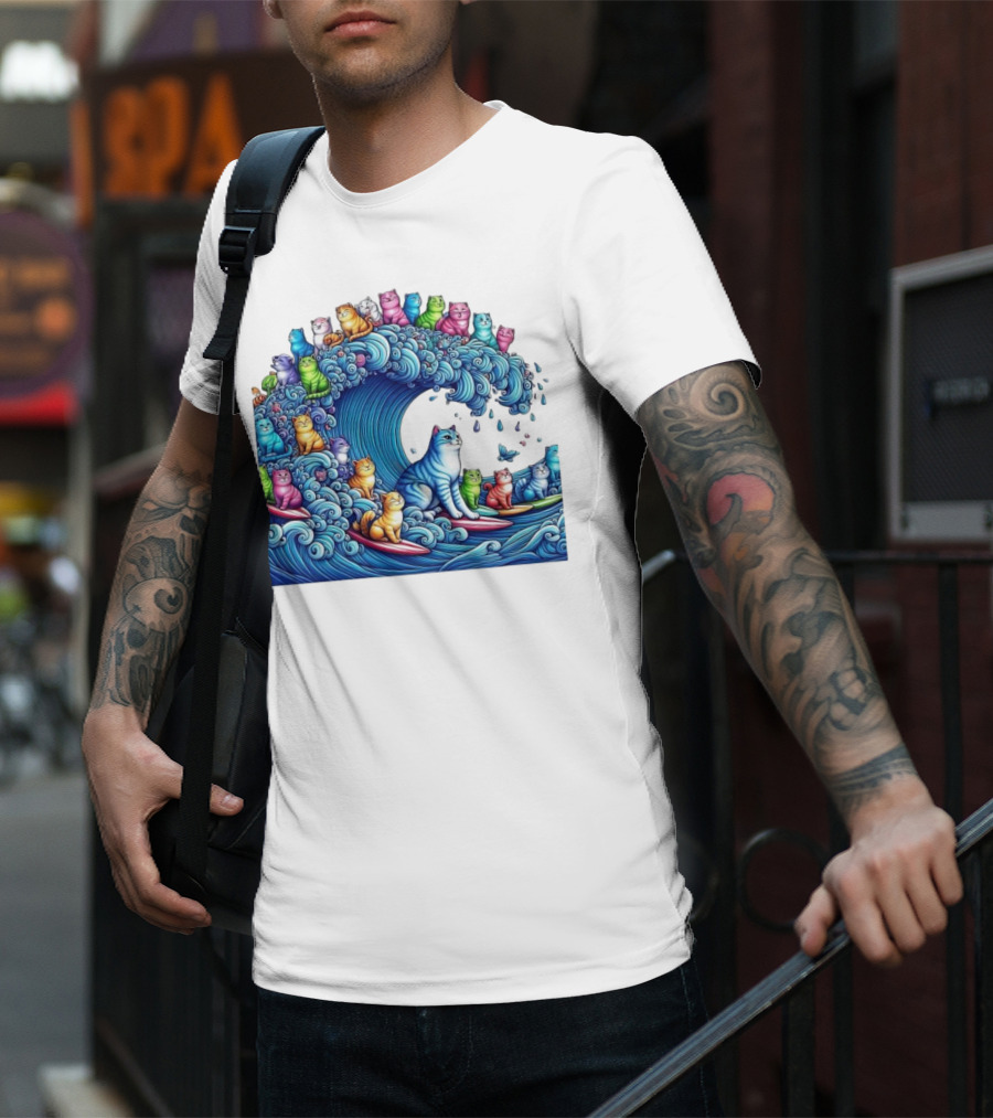 Cats Surfing In A Colorful Wave Bringing Joy T-Shirt