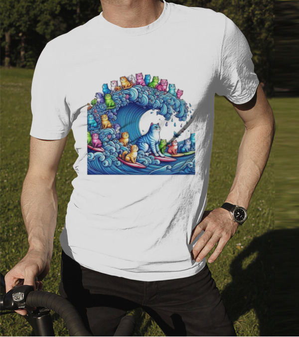 Cats Surfing In A Colorful Wave Bringing Joy T-Shirt