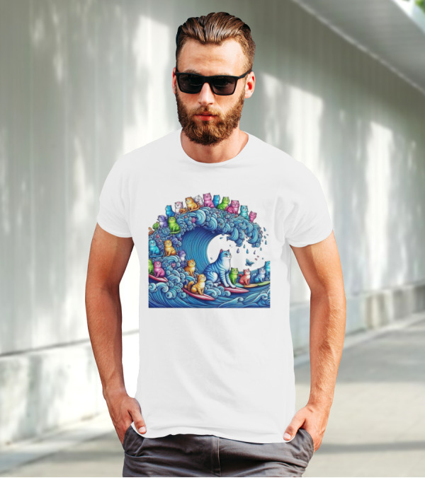 Cats Surfing In A Colorful Wave Bringing Joy T-Shirt