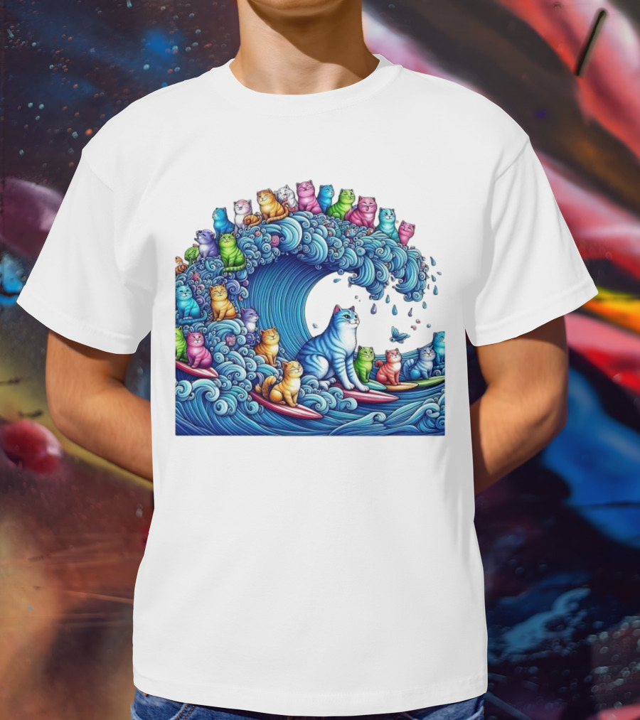 Cats Surfing In A Colorful Wave Bringing Joy T-Shirt