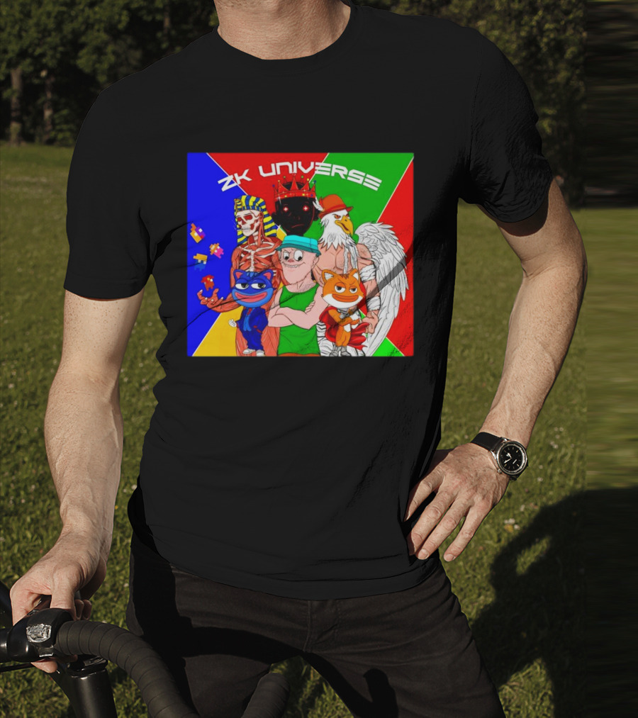ZK Universe Colorful Characters With Pharaoh Skeleton, Crowned Figure, And Winged Eagle T-Shirt