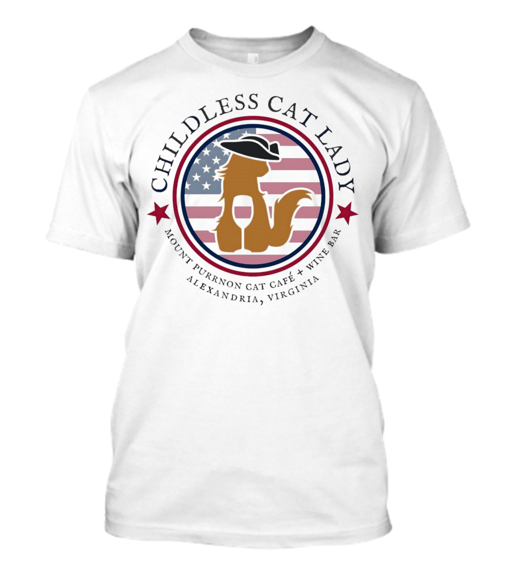 Childless Cat Lady Mount Purrnon Cat Café Wine Bar Alexandria Virginia American Flag Hat And Wine Glass Cat T-Shirt