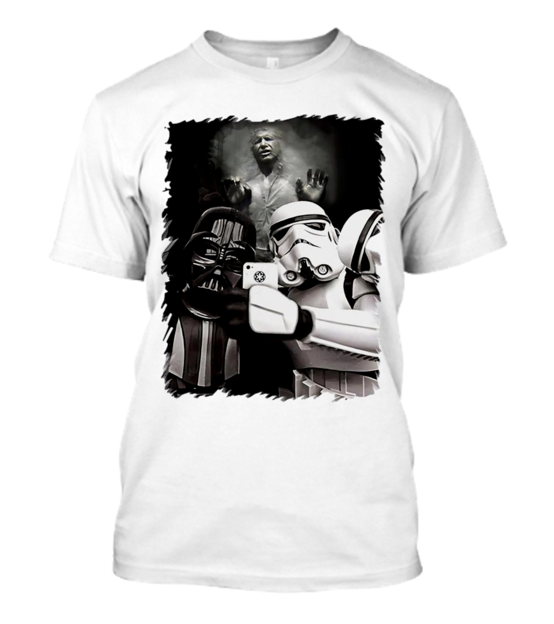 Star Wars Darth Vader And Stormtrooper Taking Selfie With Han Solo Frozen In Carbonite T-Shirt