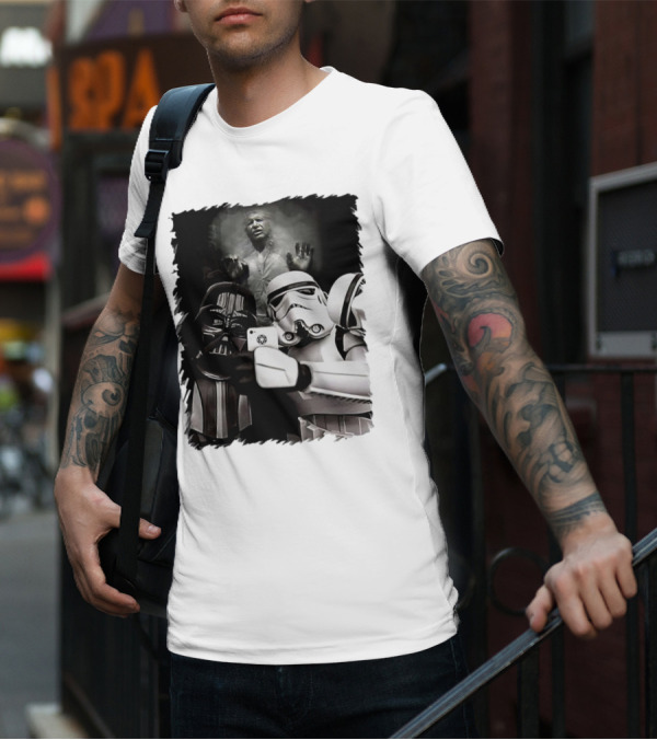 Star Wars Darth Vader And Stormtrooper Taking Selfie With Han Solo Frozen In Carbonite T-Shirt