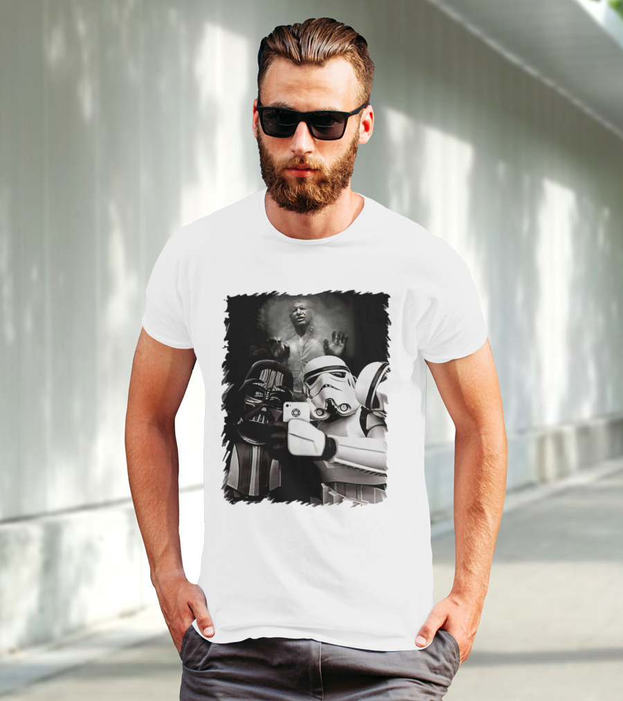 Star Wars Darth Vader And Stormtrooper Taking Selfie With Han Solo Frozen In Carbonite T-Shirt