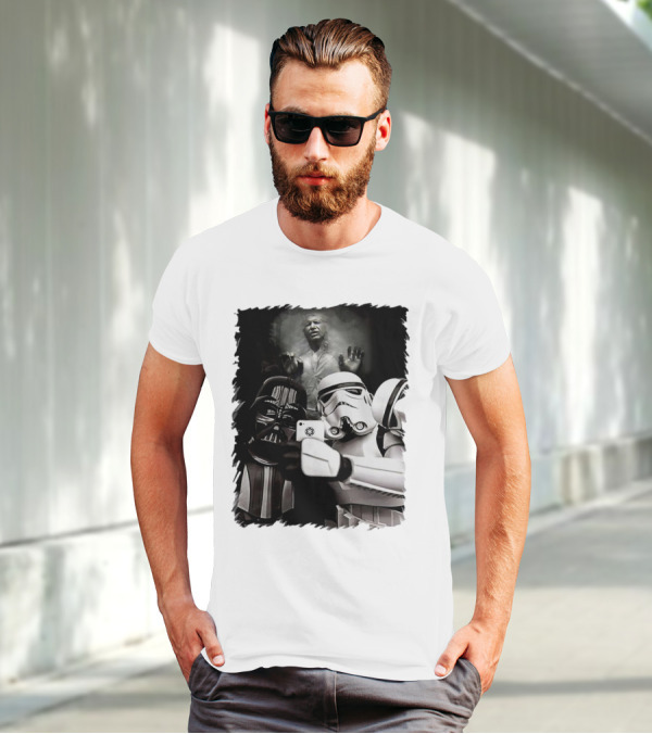 Star Wars Darth Vader And Stormtrooper Taking Selfie With Han Solo Frozen In Carbonite T-Shirt