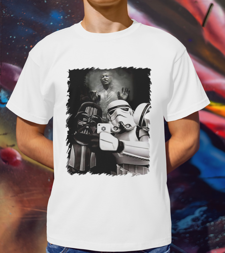 Star Wars Darth Vader And Stormtrooper Taking Selfie With Han Solo Frozen In Carbonite T-Shirt