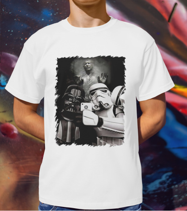 Star Wars Darth Vader And Stormtrooper Taking Selfie With Han Solo Frozen In Carbonite T-Shirt