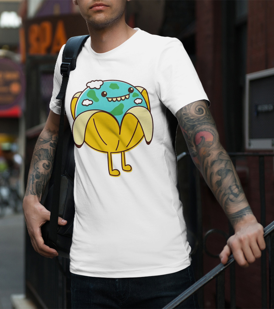 The World Has Gone Bananas Earth In A Peel With Clouds And Smiley Face T-Shirt