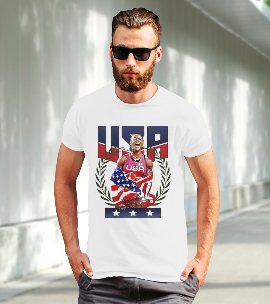 USA Sha’Carri Richardson Gold Medal Celebration American Flag T-Shirt