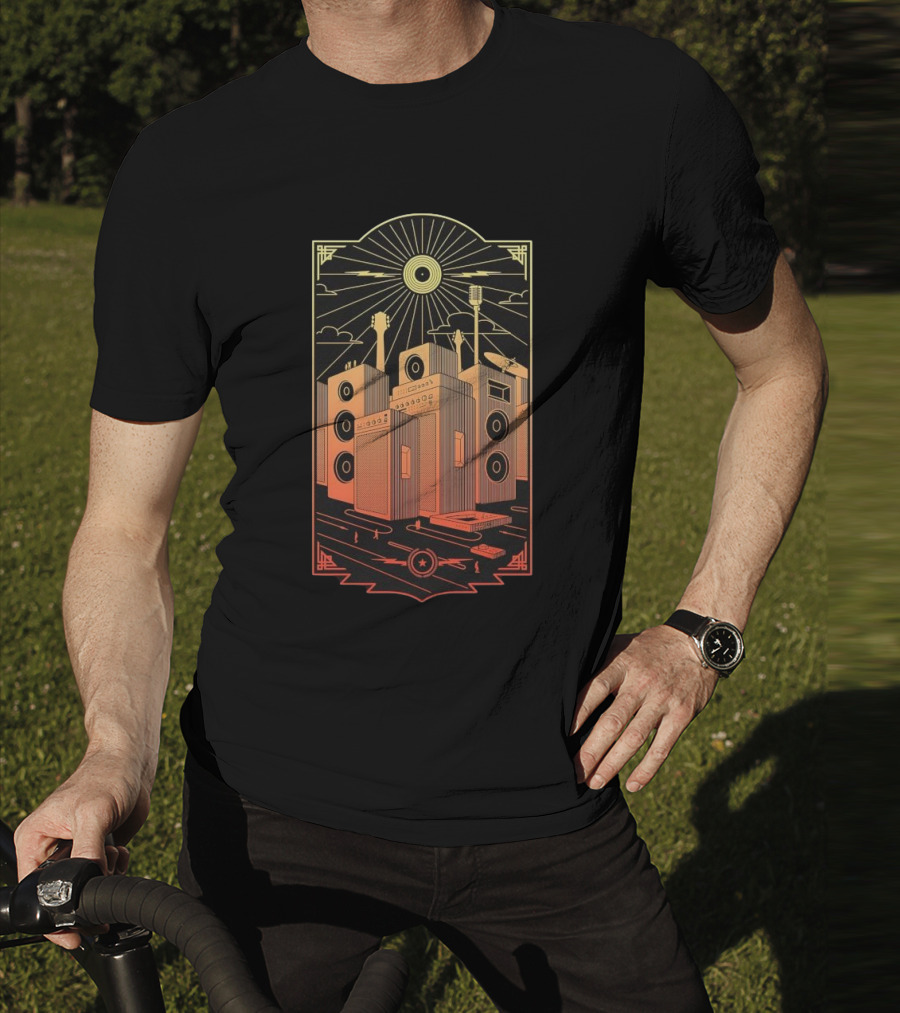 Sound City Amplifier Cityscape With Musical Instruments And Sunburst T-Shirt