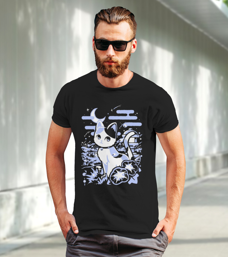 A Cat Amidst Moonlit Fireflies And Stars T-Shirt