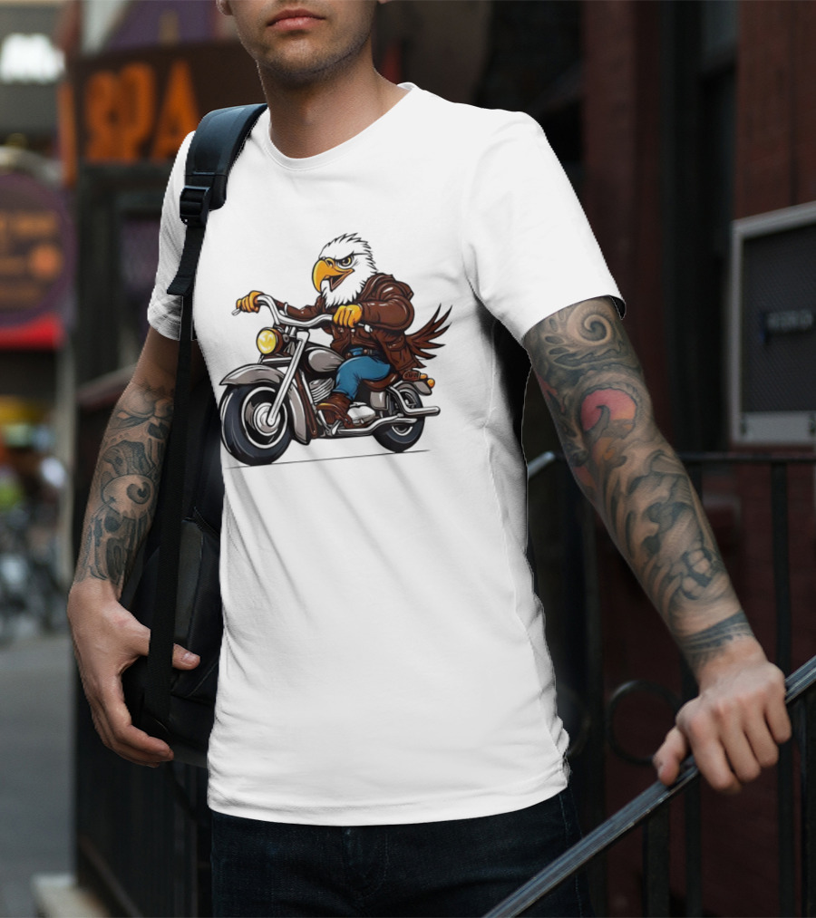 Eagle Riding Motorcycle In Brown Jacket And Blue Jeans T-Shirt