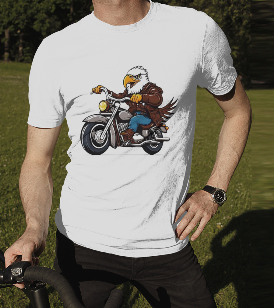 Eagle Riding Motorcycle In Brown Jacket And Blue Jeans T-Shirt