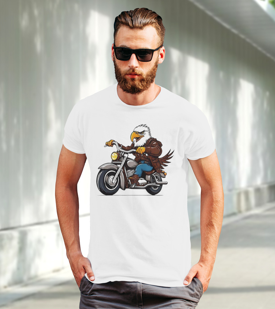 Eagle Riding Motorcycle In Brown Jacket And Blue Jeans T-Shirt