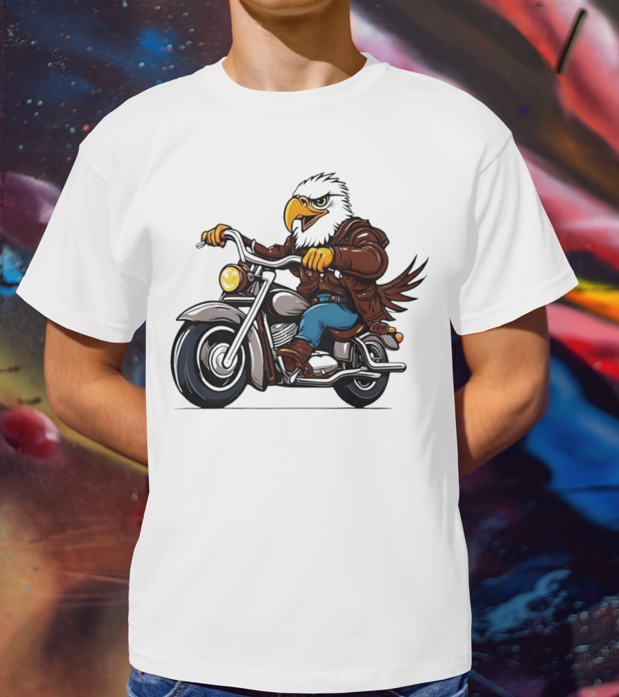 Eagle Riding Motorcycle In Brown Jacket And Blue Jeans T-Shirt