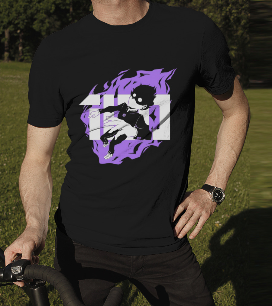 Mob Psycho 100 Psyched Out Character With Purple Aura And Bold Typography T-Shirt