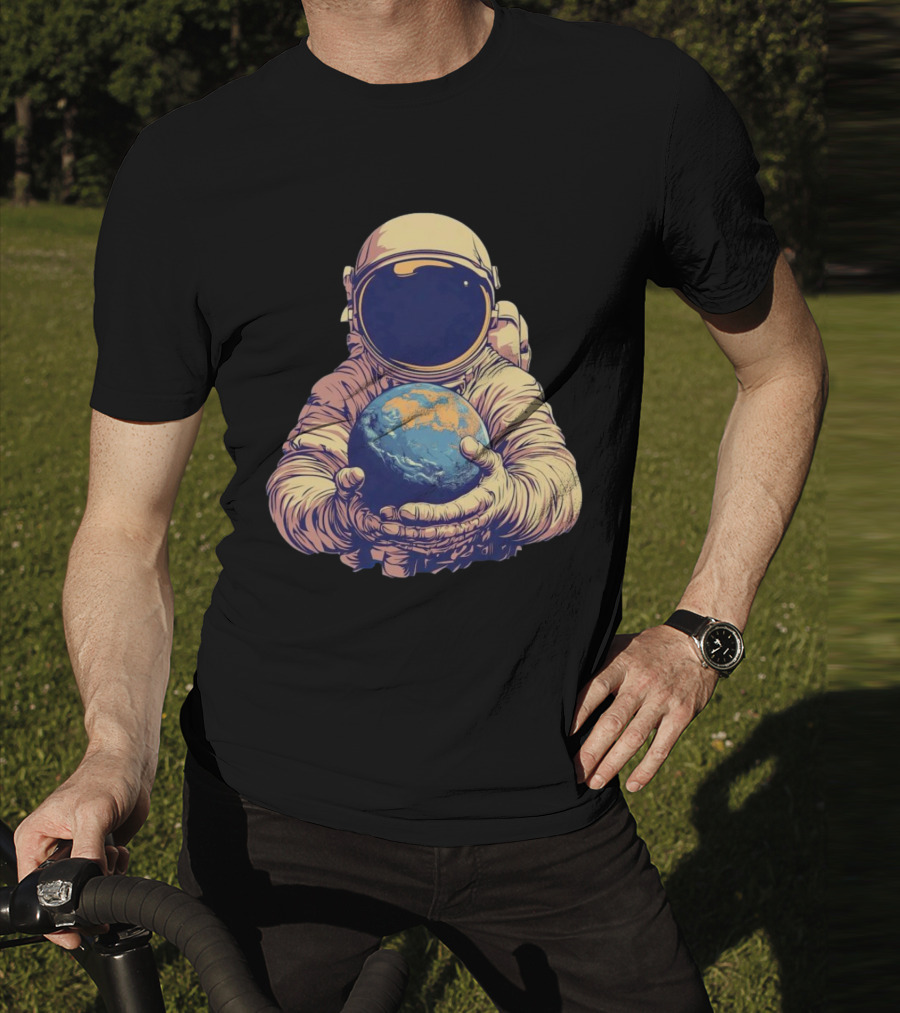 Astronaut Embracing Planet Earth Cosmic Guardians Of Home T-Shirt