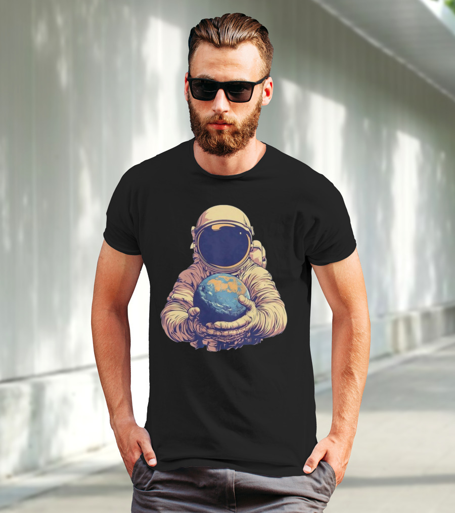 Astronaut Embracing Planet Earth Cosmic Guardians Of Home T-Shirt