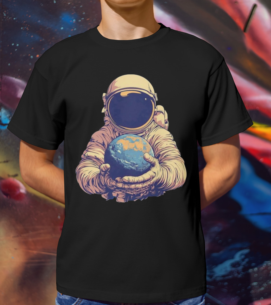 Astronaut Embracing Planet Earth Cosmic Guardians Of Home T-Shirt