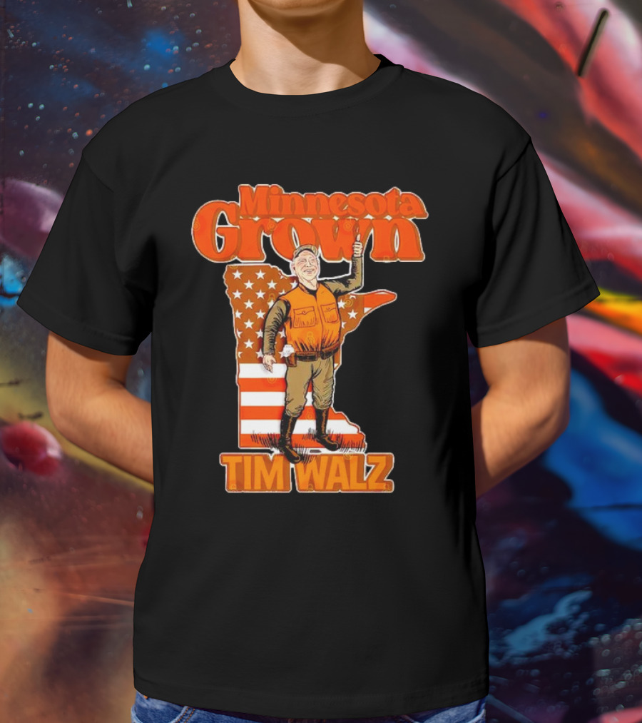 Minnesota Grown Tim Walz Thumbs Up American Flag State Outline T-Shirt