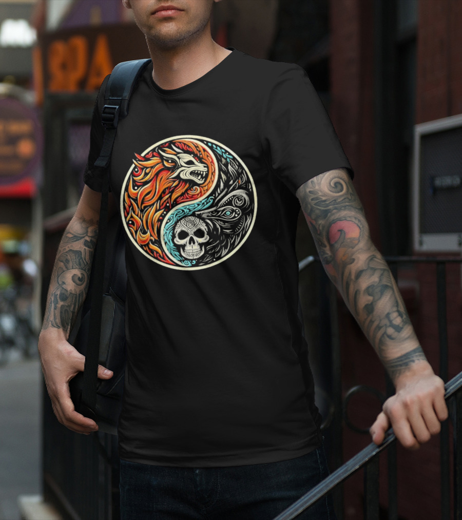 Wolf Warrior Yin Yang Skull Flame Elements T-Shirt