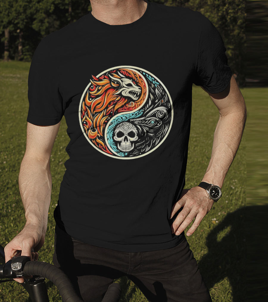 Wolf Warrior Yin Yang Skull Flame Elements T-Shirt