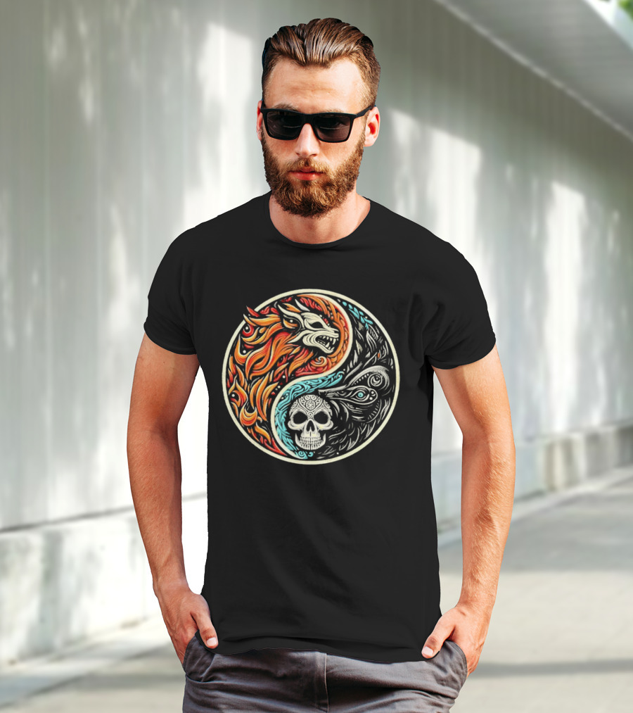 Wolf Warrior Yin Yang Skull Flame Elements T-Shirt