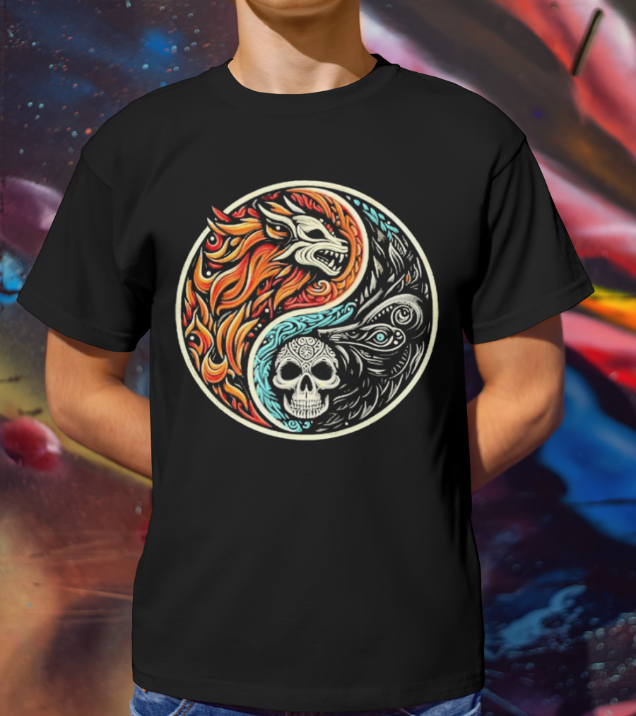 Wolf Warrior Yin Yang Skull Flame Elements T-Shirt