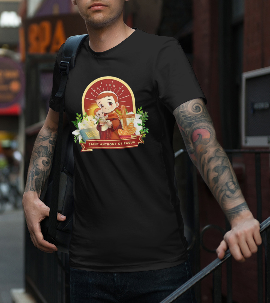 Saint Anthony Of Padua Pray For Us Cartoon With Bible And Bread T-Shirt