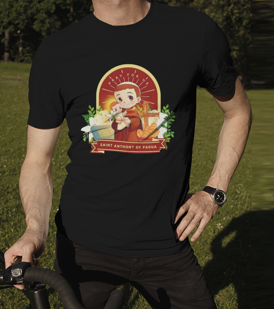 Saint Anthony Of Padua Pray For Us Cartoon With Bible And Bread T-Shirt
