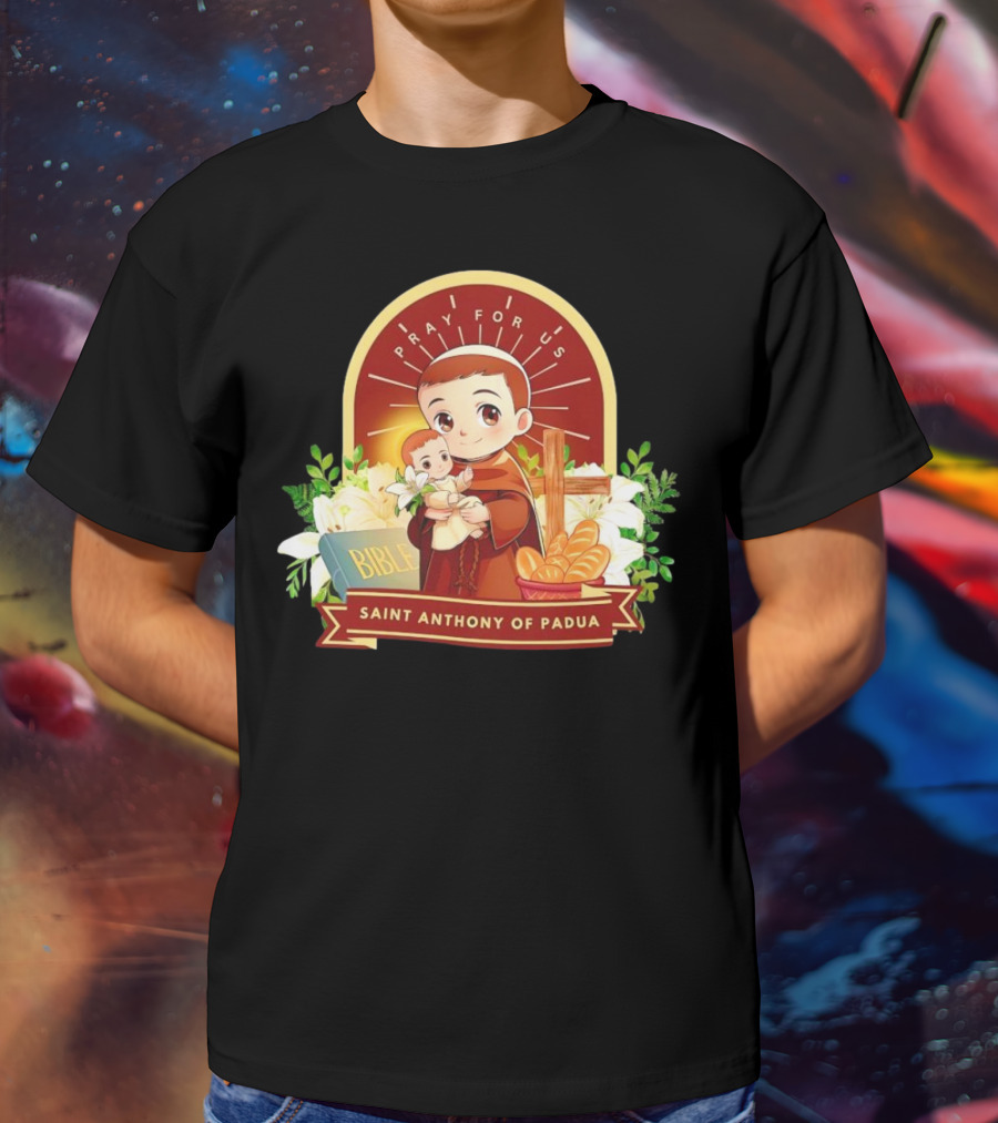 Saint Anthony Of Padua Pray For Us Cartoon With Bible And Bread T-Shirt