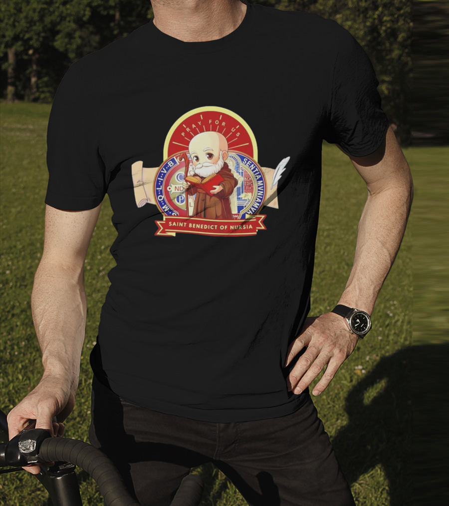 Saint Benedict Of Nursia Pray For Us Cartoon M O L I V B Senitas Munian E I V B Benedict II O S Smqlv X O P S V R S M Q L I V B P A X C S P B T-Shirt