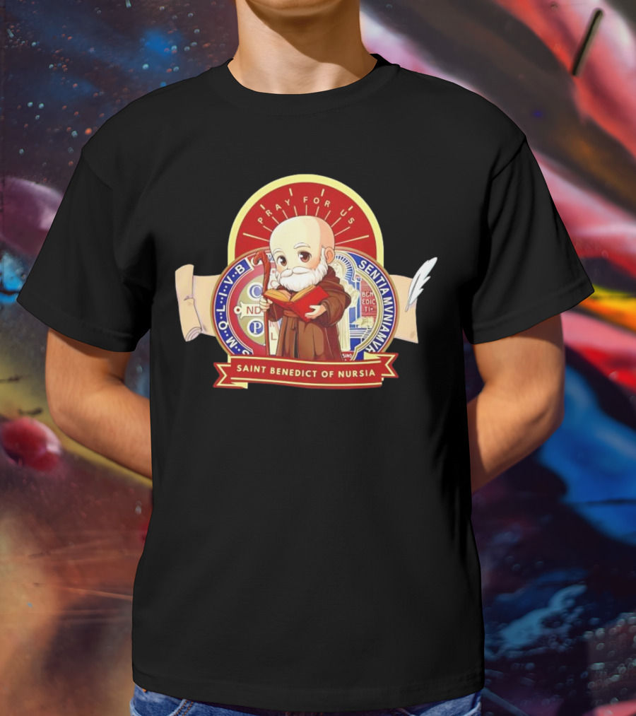 Saint Benedict Of Nursia Pray For Us Cartoon M O L I V B Senitas Munian E I V B Benedict II O S Smqlv X O P S V R S M Q L I V B P A X C S P B T-Shirt