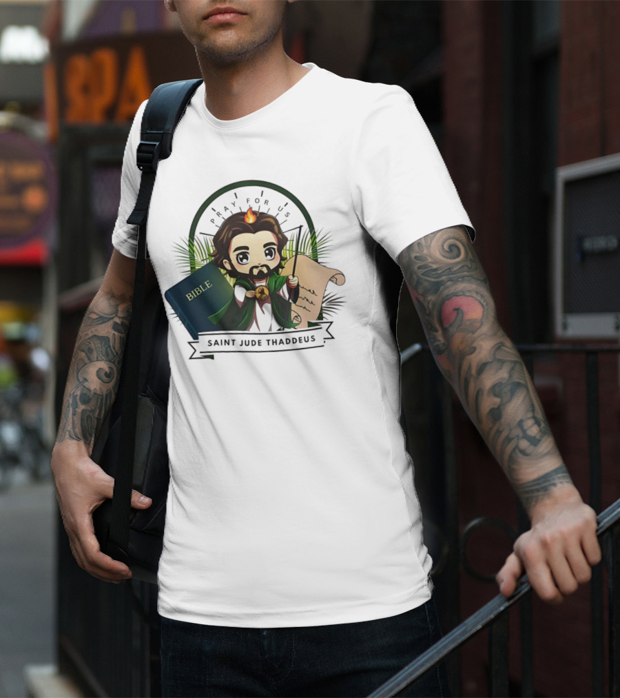 Saint Jude Thaddeus Pray For Us Cartoon Bible Scroll Flame T-Shirt