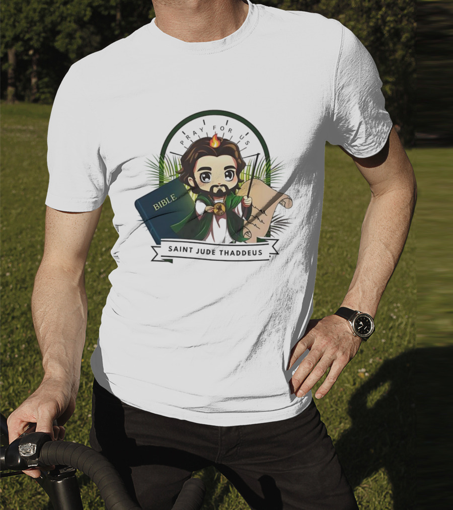 Saint Jude Thaddeus Pray For Us Cartoon Bible Scroll Flame T-Shirt