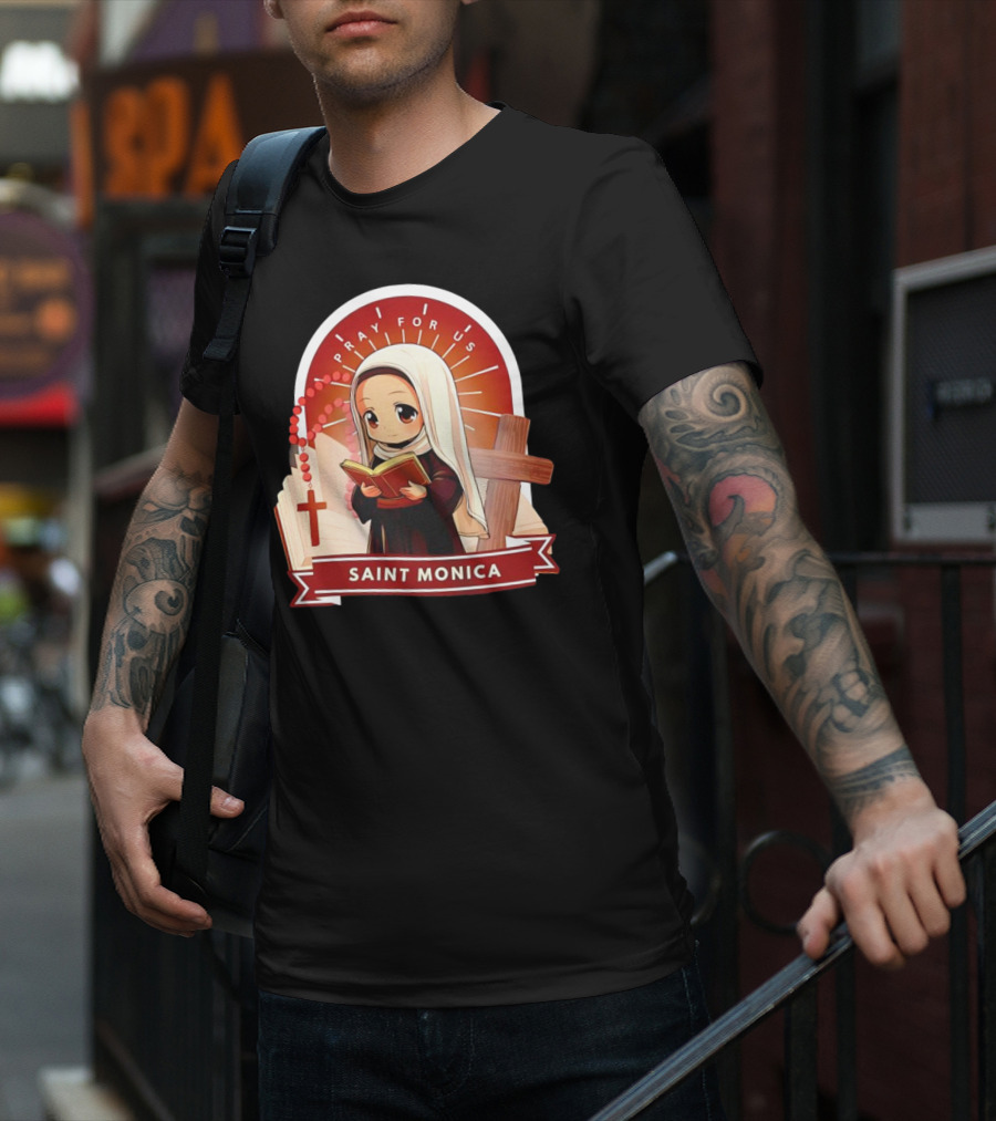Saint Monica Pray For Us Cartoon Hippo Theme With Book And Cross T-Shirt