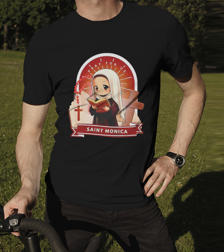 Saint Monica Pray For Us Cartoon Hippo Theme With Book And Cross T-Shirt