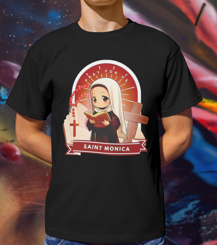 Saint Monica Pray For Us Cartoon Hippo Theme With Book And Cross T-Shirt